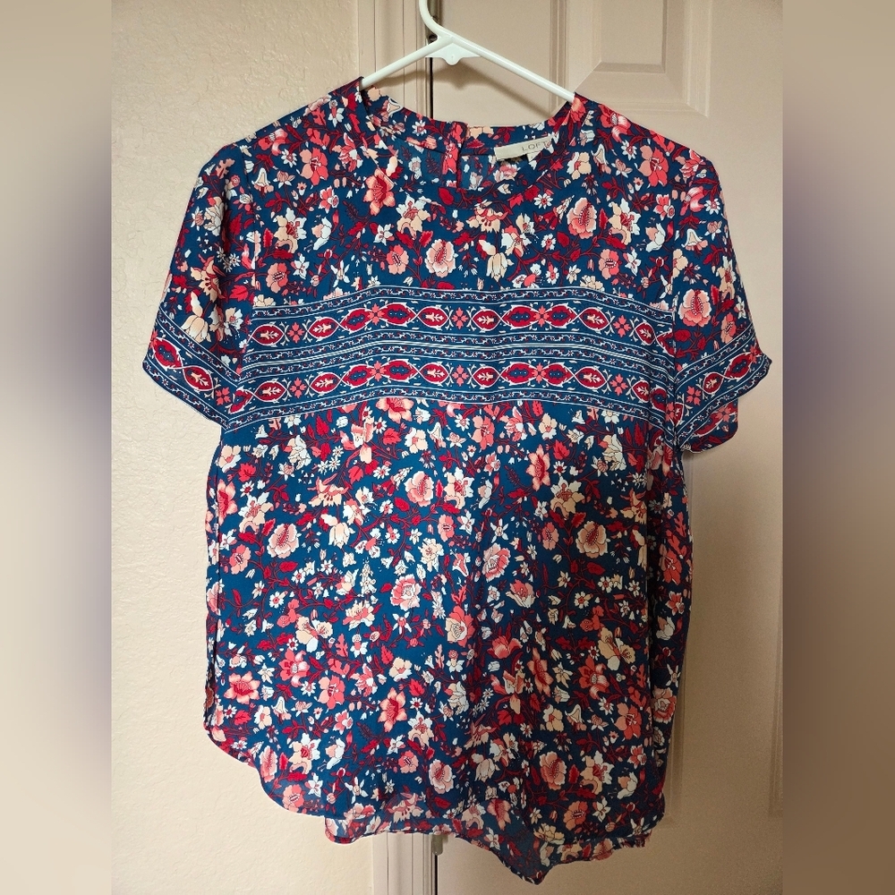 LOFT Blue and Red Floral Blouse